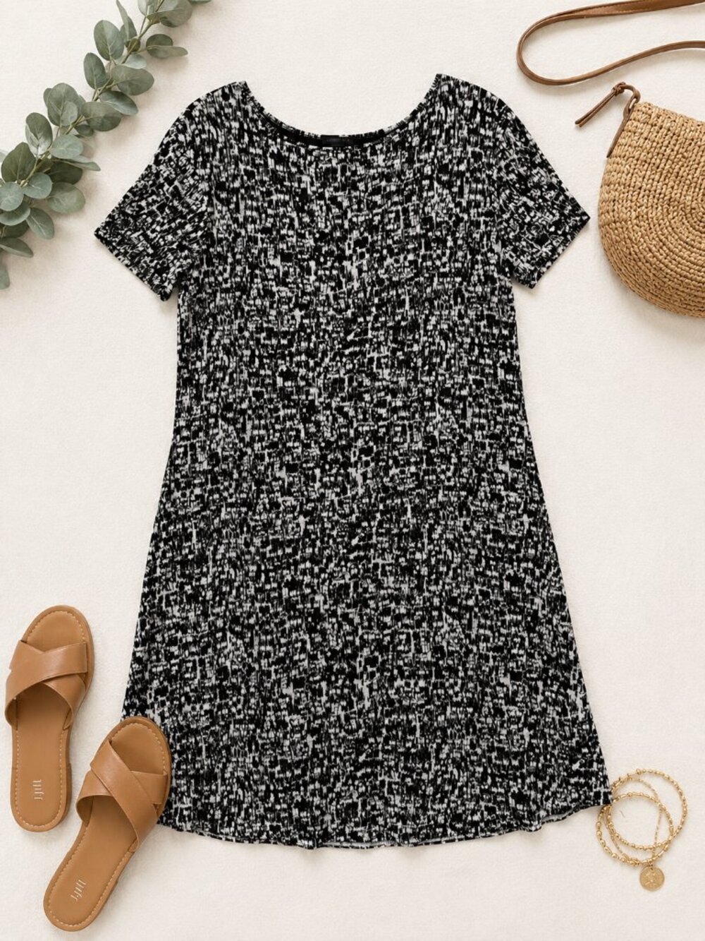 J.Jill Petite Small Black White Print Knit Dress Short Sleeve Casual